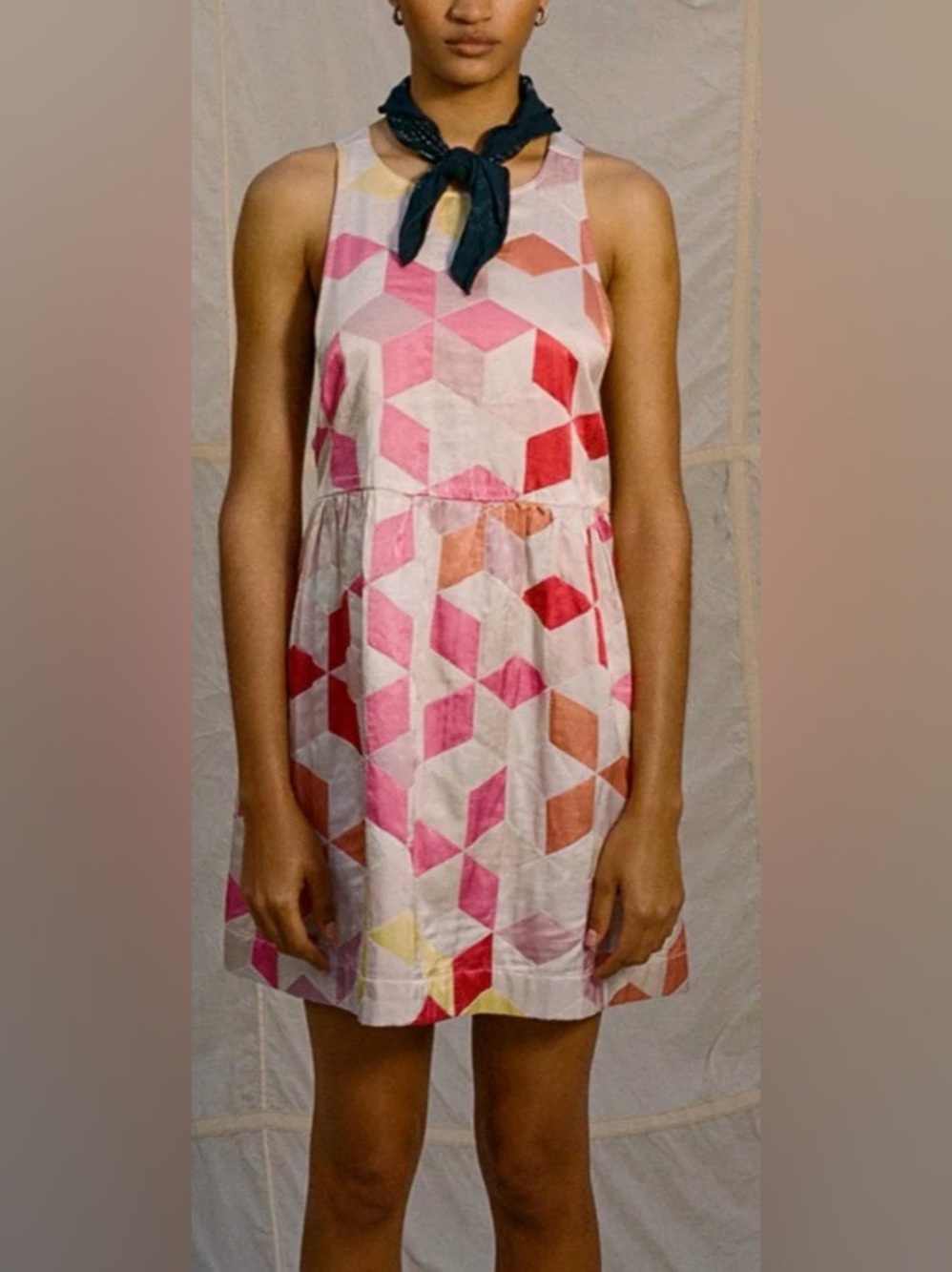 Kimchi Blue Pink Geometric Quilt Print Silky Mini Dress Open Back XS